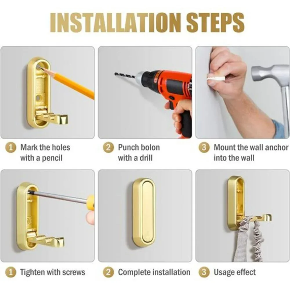 Gold Wall Hooks Foldable Heavy Duty Coat Towel Bag Backpack Hangers Set of 4 Pc